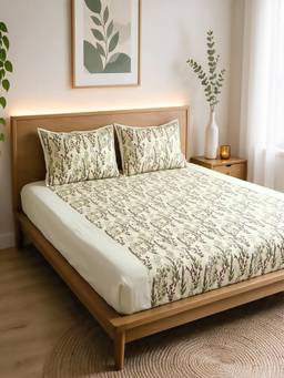 Linen Home - 100% Percale Cotton Percale Fitted Bedsheet With 2 Pillow Covers Moss and Fern