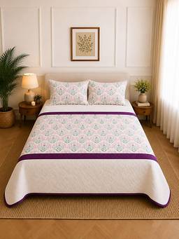 Linen Home - Percale Cotton Reversible Quilted Bedspread With 2 Pillow Covers Sequence Pink (King)