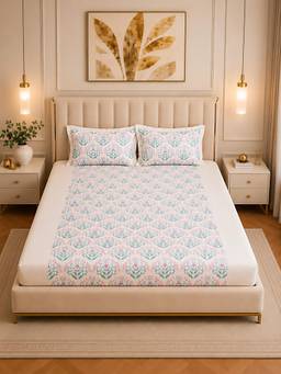 Linen Home - Percale Cotton Percale Fitted Bedsheet With 2 Pillow Covers Sequence Pink (Single)
