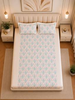 Linen Home - 100% Percale Cotton Percale Fitted Bedsheet With 2 Pillow Covers Sequence Pink