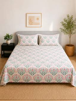 Linen Home - 100% Percale Cotton Percale Flat Bedsheet With 2 Pillow Covers Sequence Pink (King)