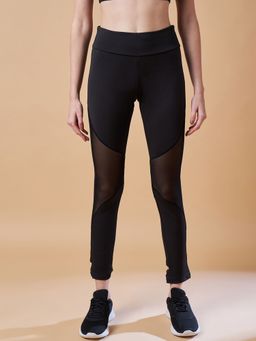 COLOR CAPITAL - Black Solid Mesh Patch Gym Tights