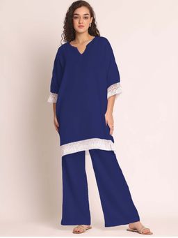 AOBA - Navy Blue Notch Neck Linen Top & Palazzos Co-ord Set
