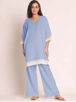 AOBA - Light Blue Notch Neck Linen Top & Palazzos Co-ord Set