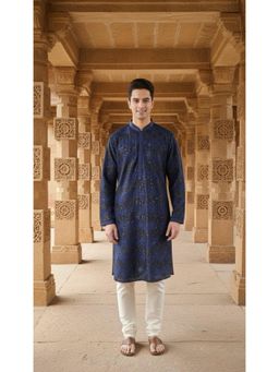 Gahan - Mens Deep Blue Embellished Kurta with Chudidar with Heavy Sequins Work