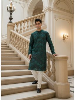 Gahan - Mens Deep Green Embellished Kurta with Chudidar with Heavy Sequins Work
