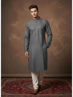 Gahan - Silk Blend Grey Kurta with Chudidar for Men with Chikankari Work