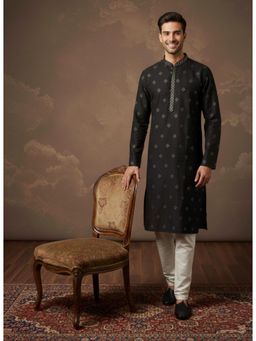 Gahan - Designer Black Silk-Blend Kurta with Chudidar with Intricate Embellishment
