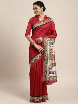 Odette - Bhagalpuri Silk Maroon Printed Saree with Unstitched Blouse