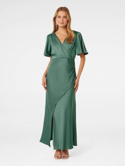 Forever New - Green Chelsea Flutter Sleeve Satin Maxi Dress