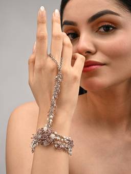 House of D'oro - Handcrafted Pink Crystal and Pearl Haath Phool Bracelet for Women