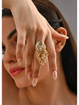 House of D'oro - White and Gold Kundan Ring Statement Kundan Ring for Women