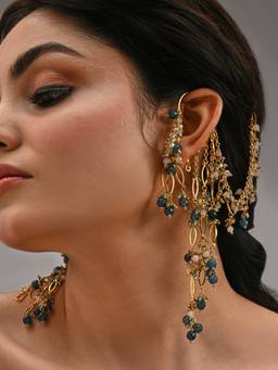 House of D'oro - Navy Blue Gold Beaded Kaan Chain Ear Cuff