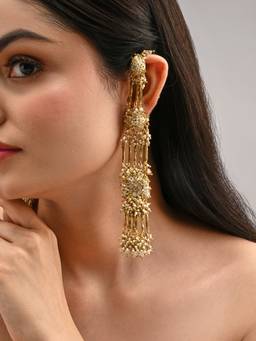 House of D'oro - Gold Plated Metallic Pipes Beige Stones Long Ear Chain Earrings