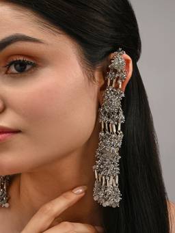 House of D'oro - Handcrafted Silver Base Metal Three Layer Kaan Chain Earrings for Bold Look