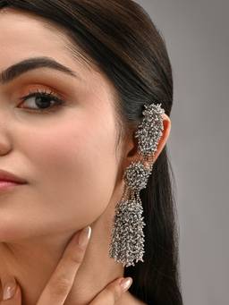 House of D'oro - Silver Plated Three Layer Silver Crystal Studded Handcrafted Long Earrings