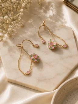 ISHKAARA - Pink And Mint Bloom Chain Ear cuff