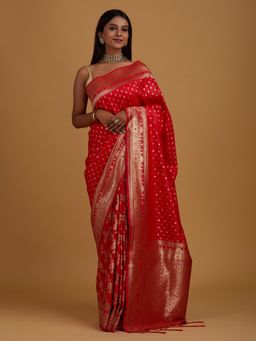 Koskii - Red Zari Work Banarasi Designer Saree with Unstitched Blouse