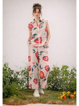 VAJOONI JAIPUR - Beige Floral Drift Co-Ord Set