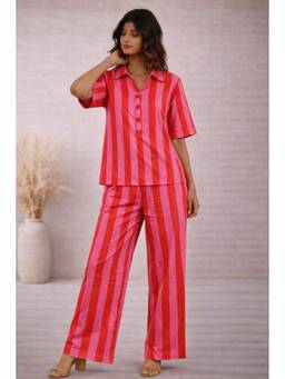 VAJOONI JAIPUR - Pink Flamingo Stripe Cotton Co-Ord Set