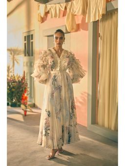 Pankaj & Nidhi - Porto Herbarium Cream Pleated Maxi Dress