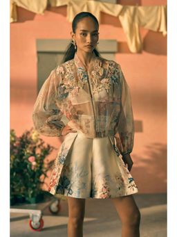 Pankaj & Nidhi - Porto Honeyed Haze Zip-Up Yellow Jacket with Skort and Inner
