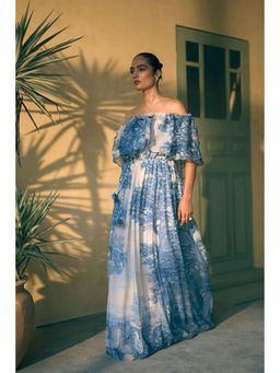 Pankaj & Nidhi - Porto Indigo Illusion Off-Shoulder Ivory Maxi Dress