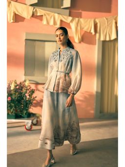 Pankaj & Nidhi - Porto Marine Mural Blue Top with Skirt and Inner