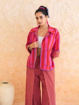 MoonTara - Women Red Striped Relaxed-Fit Casual Jacket