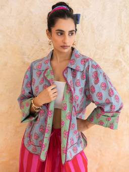 MoonTara - Women Dusty Blue Floral Booti Print Jacket