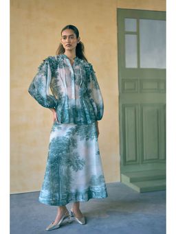Pankaj & Nidhi - Porto Moss-Lit Mirage Blue Jacket with Inner and Skirt