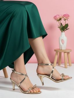 ELLE - Womens Gold Strappy Bow Detail Ankle Strap Stiletto Heels