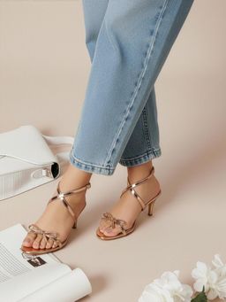 ELLE - Womens Rose Gold Strappy Bow Detail Ankle Strap Stiletto Heels