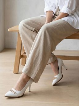 ELLE - Womens White Textured Style Comfort Pointed Toe Pump Heels