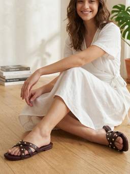 ELLE - Womens Wine Studded Cross Strap Open Toe Slip On Flats