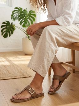 ELLE - Womens Beige Buckled Toe Ring Square Toe Flats