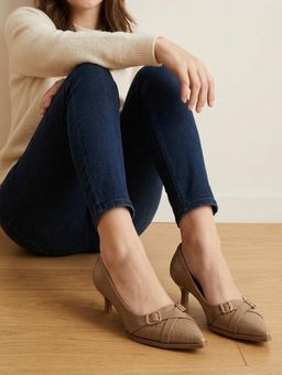 ELLE - Womens Beige Criss-Cross Buckle Detail Textured Pointed Toe Pump Heels