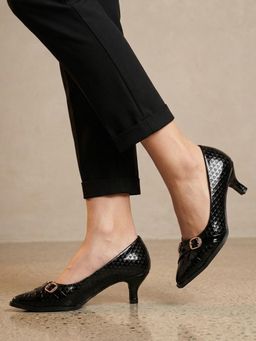 ELLE - Womens Black Criss-Cross Buckle Detail Textured Pointed Toe Pump Heels