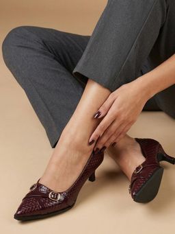 ELLE - Womens Wine Criss-Cross Buckle Detail Textured Pointed Toe Pump Heels