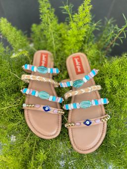 Sandal Stories - Pastel Blue Boho Beaded Multistrap Flats