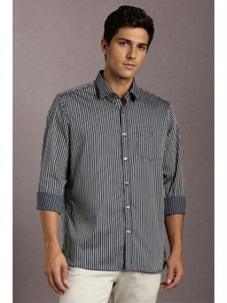 Louis Philippe - Men Navy Blue Stripe Full Sleeves Casual Shirt