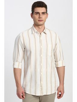 Peter England - Men Beige Stripe Full Sleeves Casual Shirt