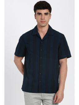 Peter England - Men Navy Stripe Half Sleeves Casual Shirt