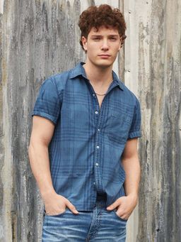 American Eagle - Men Navy Plaid Button-Up Resort Shirt
