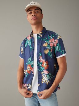 American Eagle - Men Rich Navy Blue Tropical Button-Up Resort Shirt