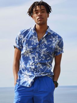 American Eagle - Men Classic Blue Tropical Button-Up Resort Shirt