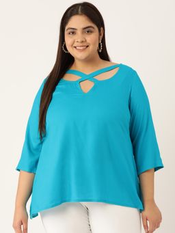 theRebelinme - Plus Size Womens Teal Solid Color Neck Cut Out Detail Woven Top