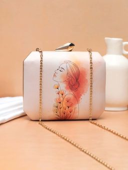 ARTKLIM - Women Off White Printed Silhouette Minimal Art Clutch with Detachable Chain