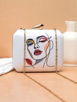 ARTKLIM - Women White Art Portrait Printed Clutch with Detachable Chain