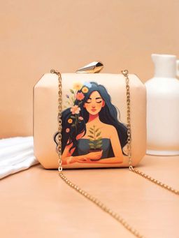 ARTKLIM - Women Beige Portrait Printed Clutch with Detachable Chain